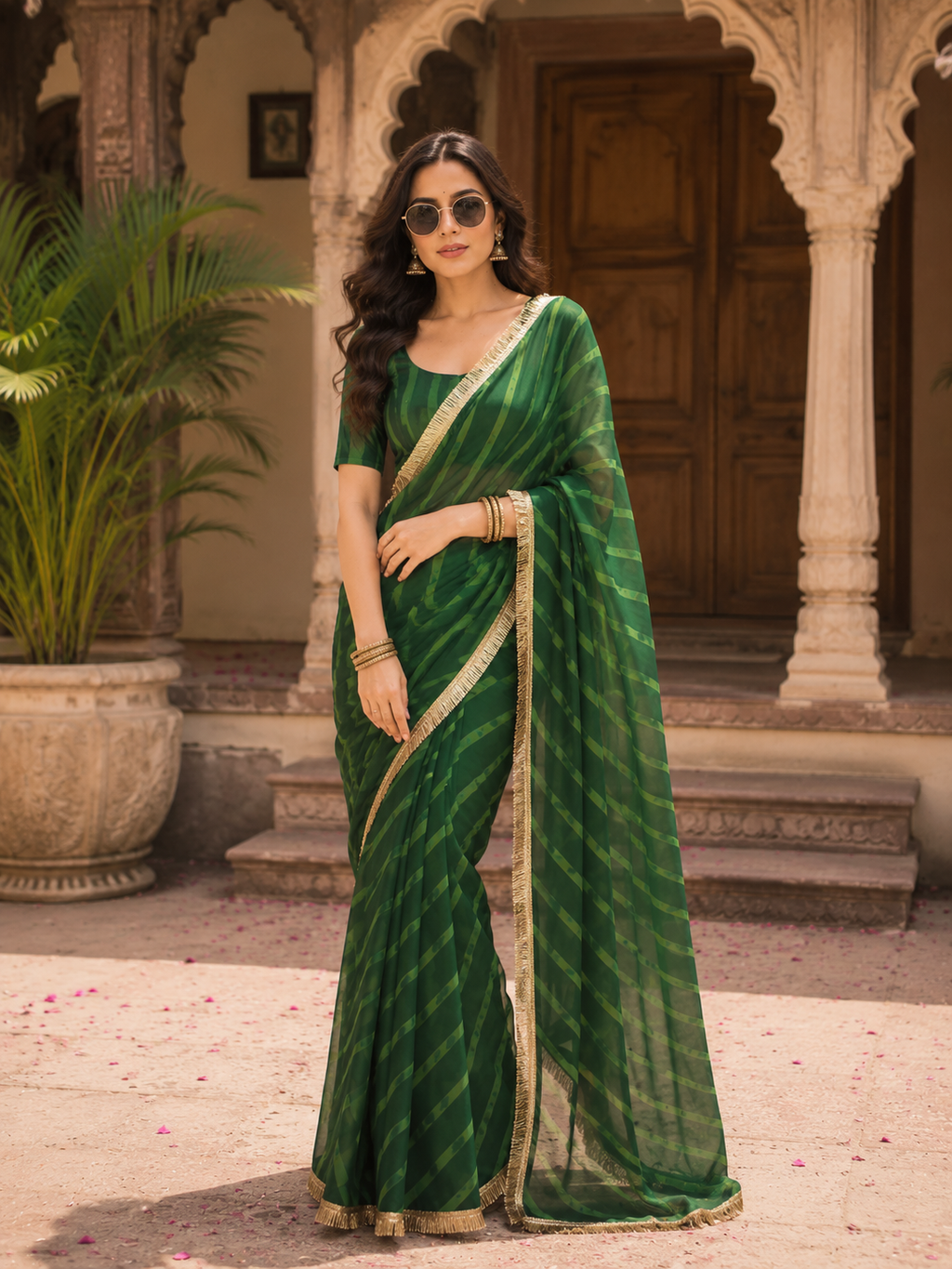 Georgette Traditional Zari Gold Lace Border Saree With Unstitched Blouse(Green)