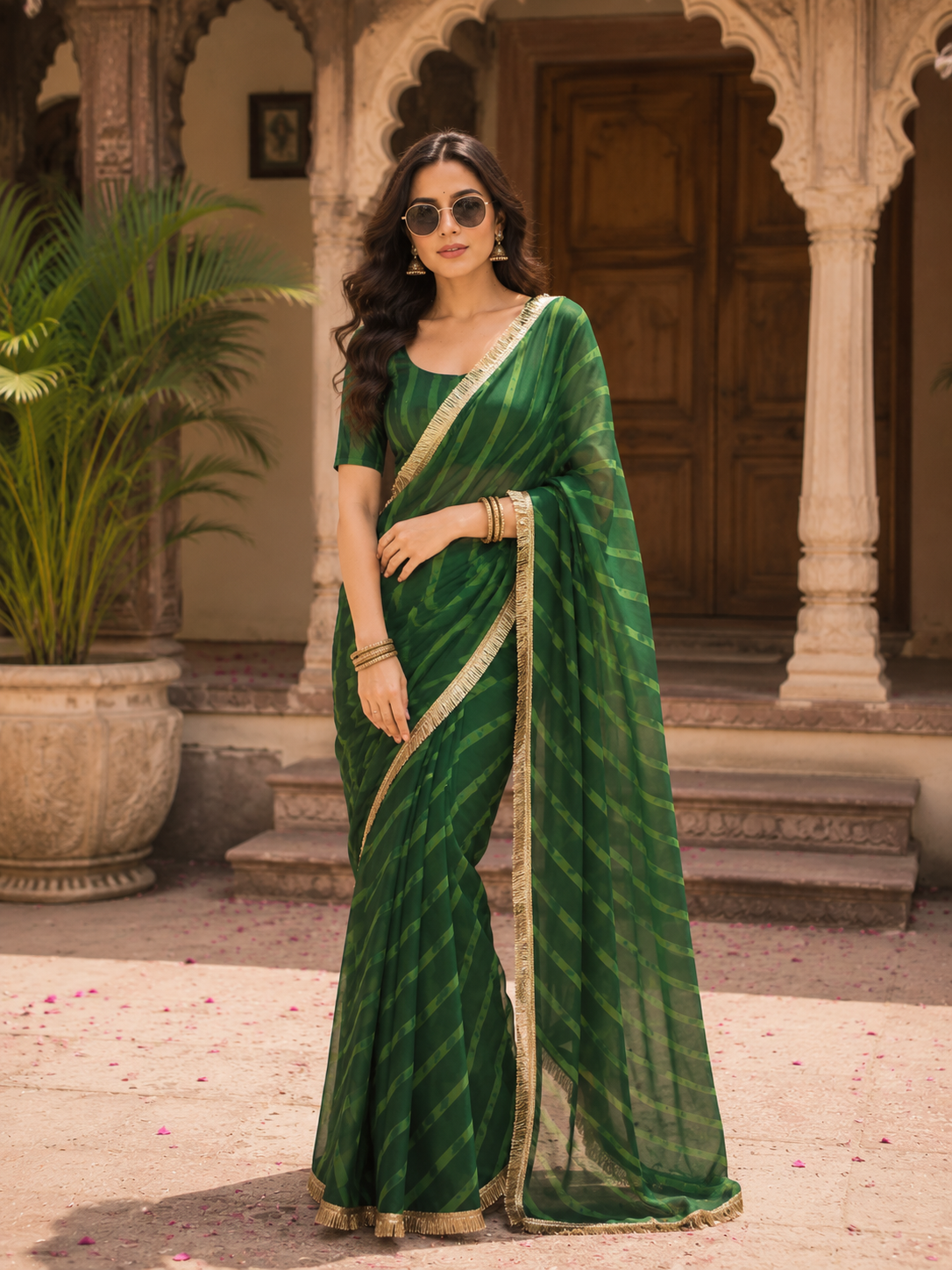 Georgette Traditional Zari Gold Lace Border Saree With Unstitched Blouse(Green)