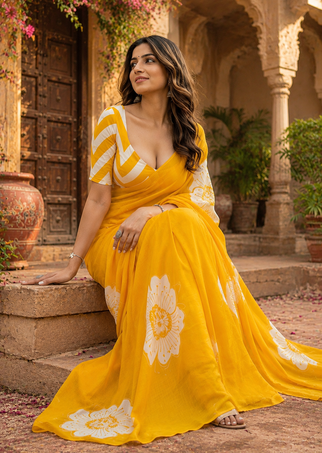 Cotton Block Flower Print Saree With Unstitched Blouse(Yellow)