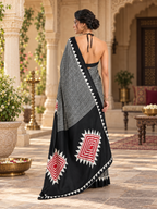 Satin Silk Ajrakh Printed Saree With Unstitched Blouse(Black)