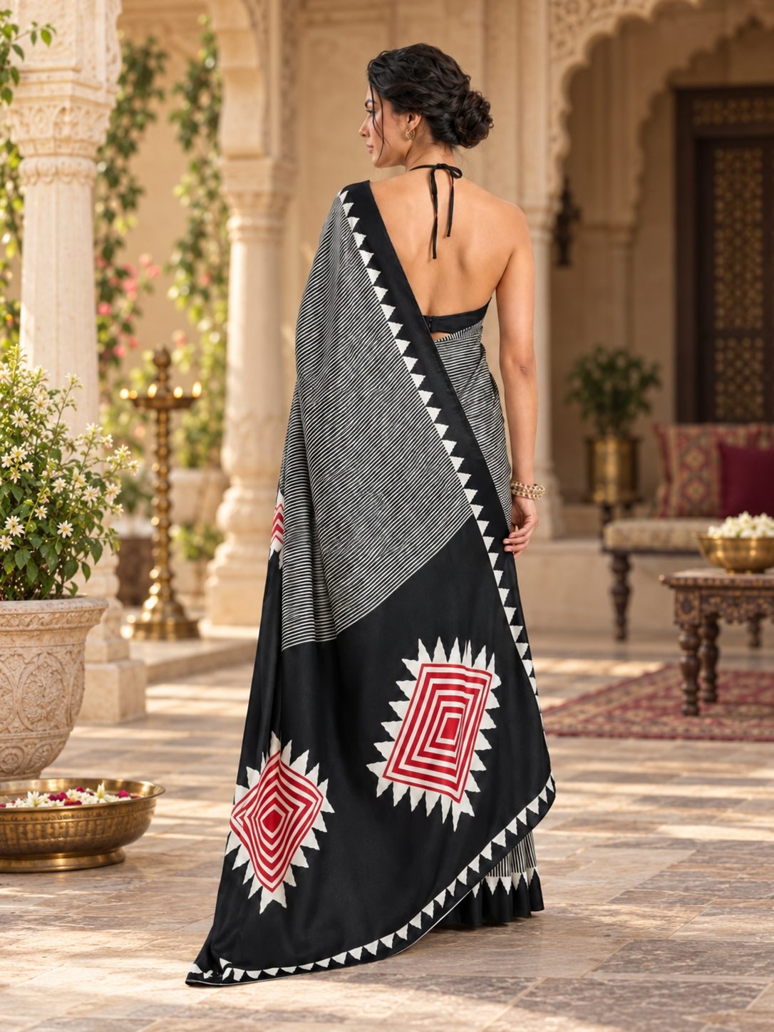 Satin Silk Ajrakh Printed Saree With Unstitched Blouse(Black)