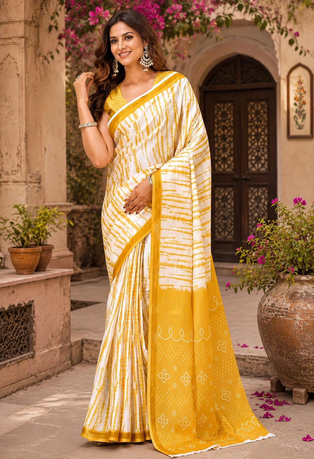 Linen Printed Saree With Unstitched Blouse(Yellow)