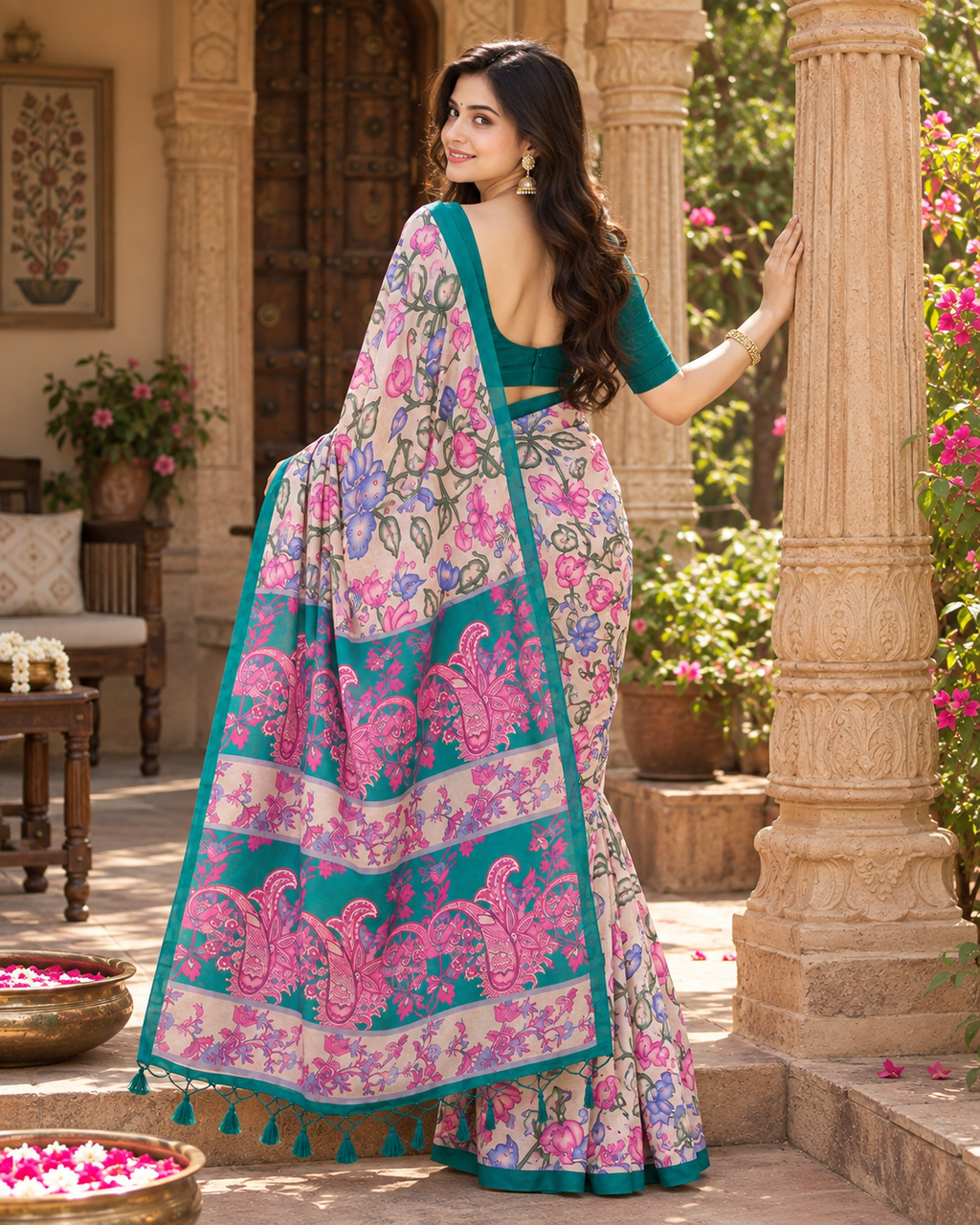 Tussar Silk Kalamkari Printed Saree With Unstitched Blouse(Light Pink)