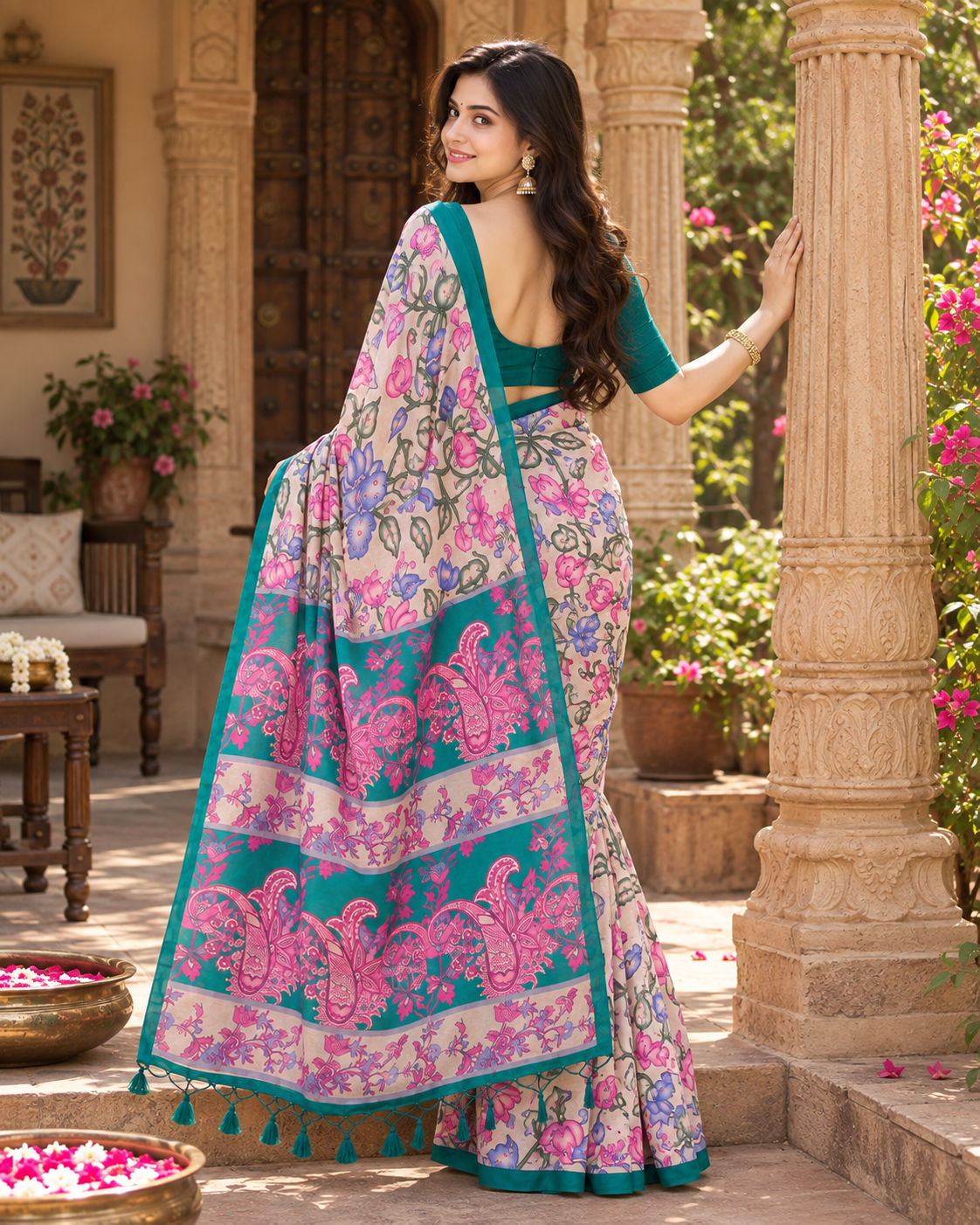 Tussar Silk Kalamkari Printed Saree With Unstitched Blouse(Light Pink)