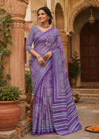 Soft Pure Cotton Bagru-Printed Saree With Unstitched Blouse(Violet)