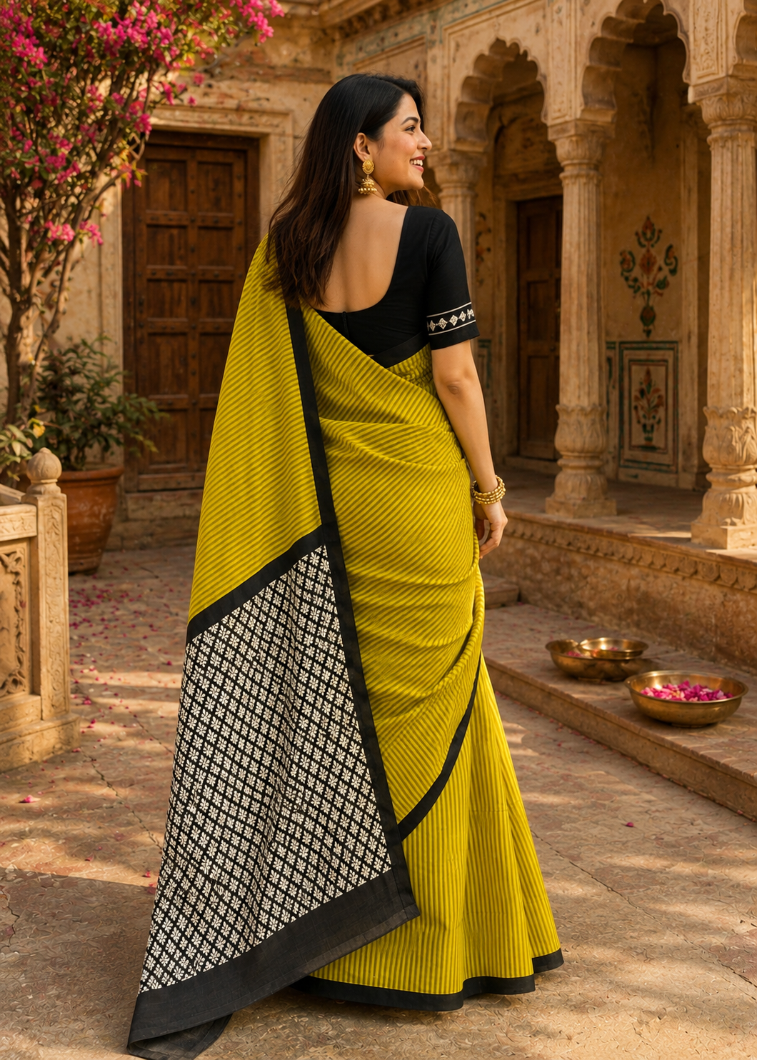 Mulmul Cotton Bagru- Printed Saree With Unstitched Blouse(Green)