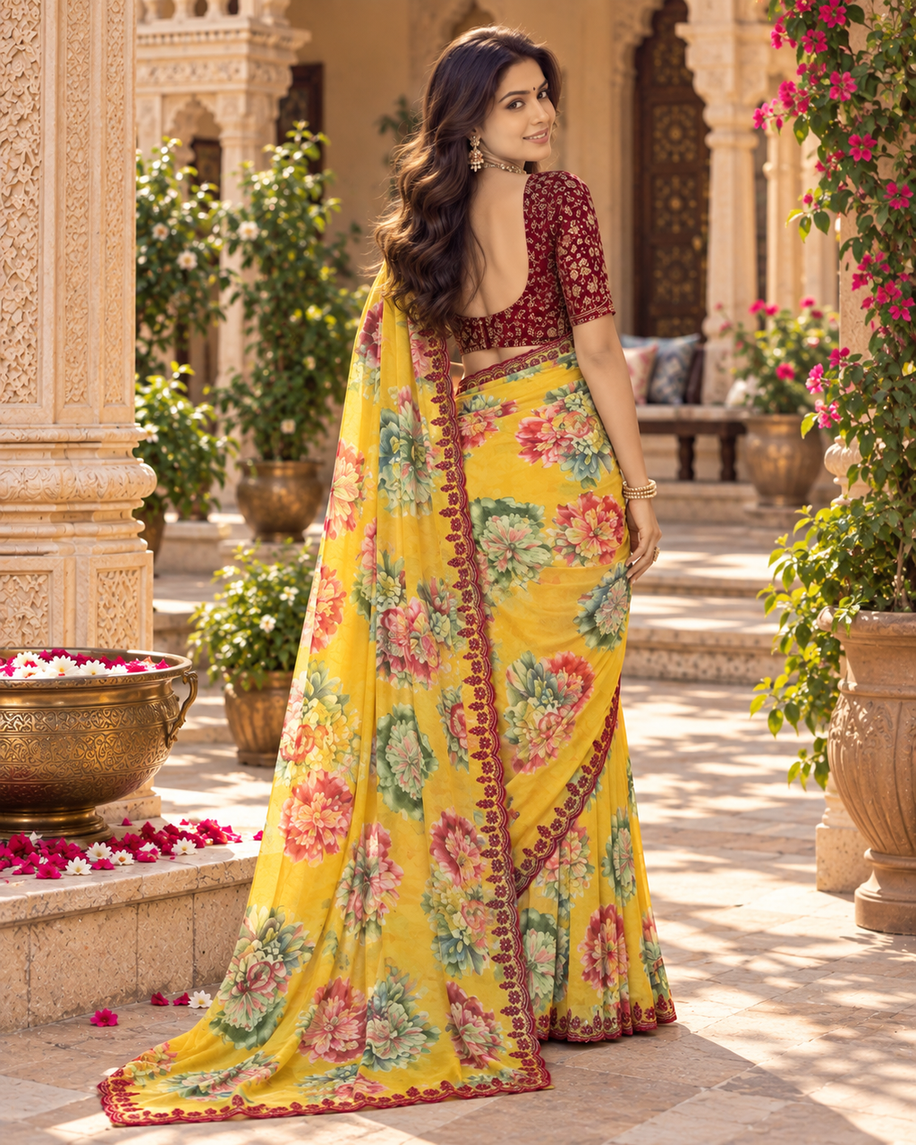 Pure Georgette Embroidery Work Saree With Unstitched Blouse(Mustard)