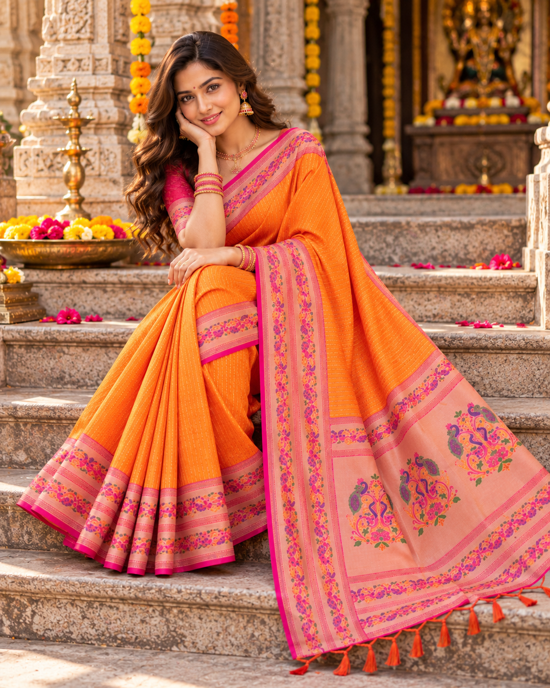 Paithani Silk Zari Work Saree With Unstitched Blouse(Orange)