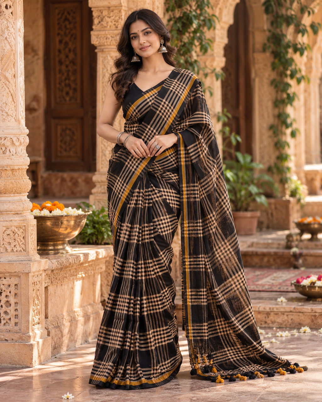 Premium Cotton Digital Print Saree With Unstitched Blouse(Black)