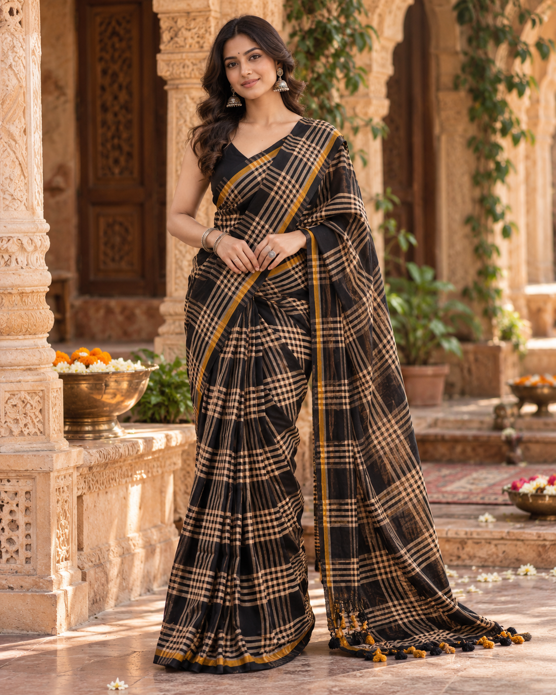 Premium Cotton Digital Print Saree With Unstitched Blouse(Black)
