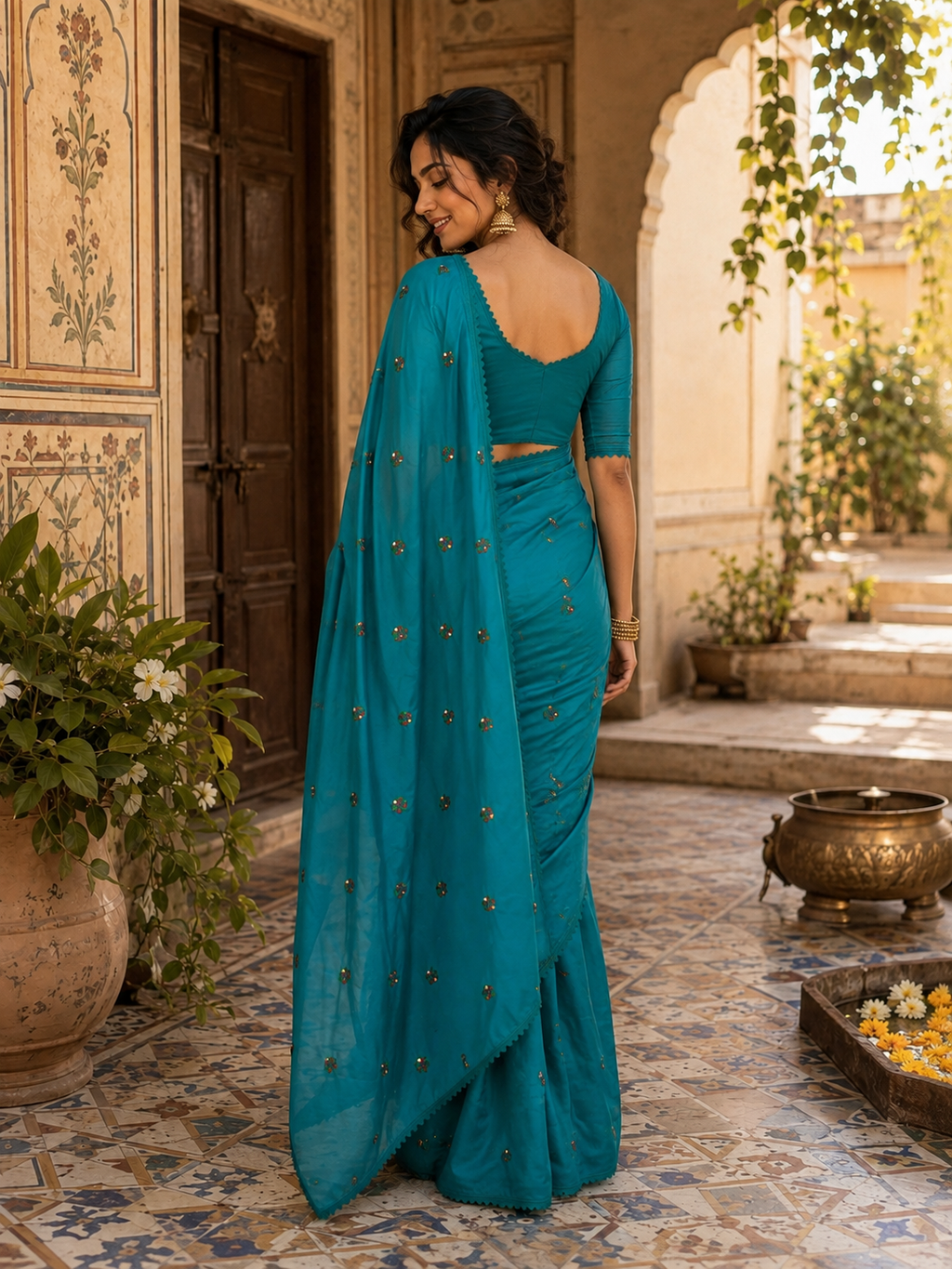 Soft Silk Embroidery Saree With Unstitched Blouse(Blue)