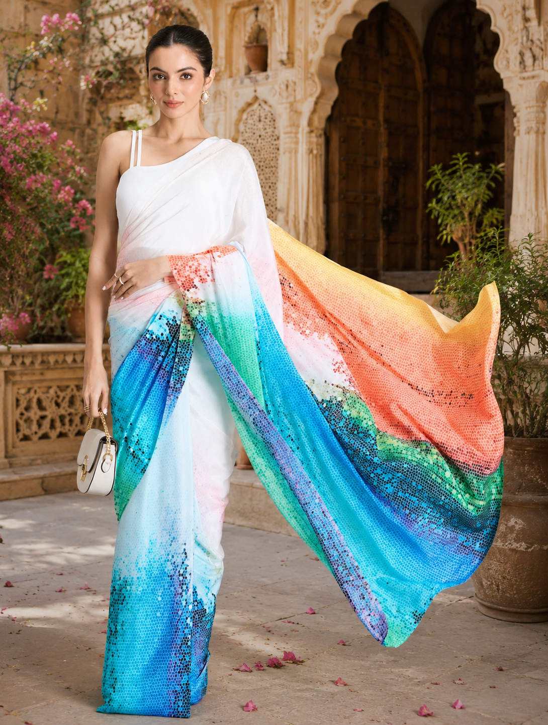 Original Japan Satin Printed Saree With unstitched Blouse(White)