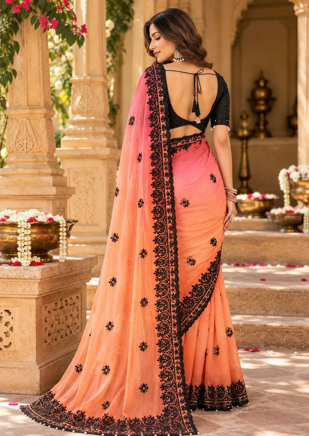 Crush Silk Embroidery Sequin Work Saree With Unstitched Blouse(Orange)