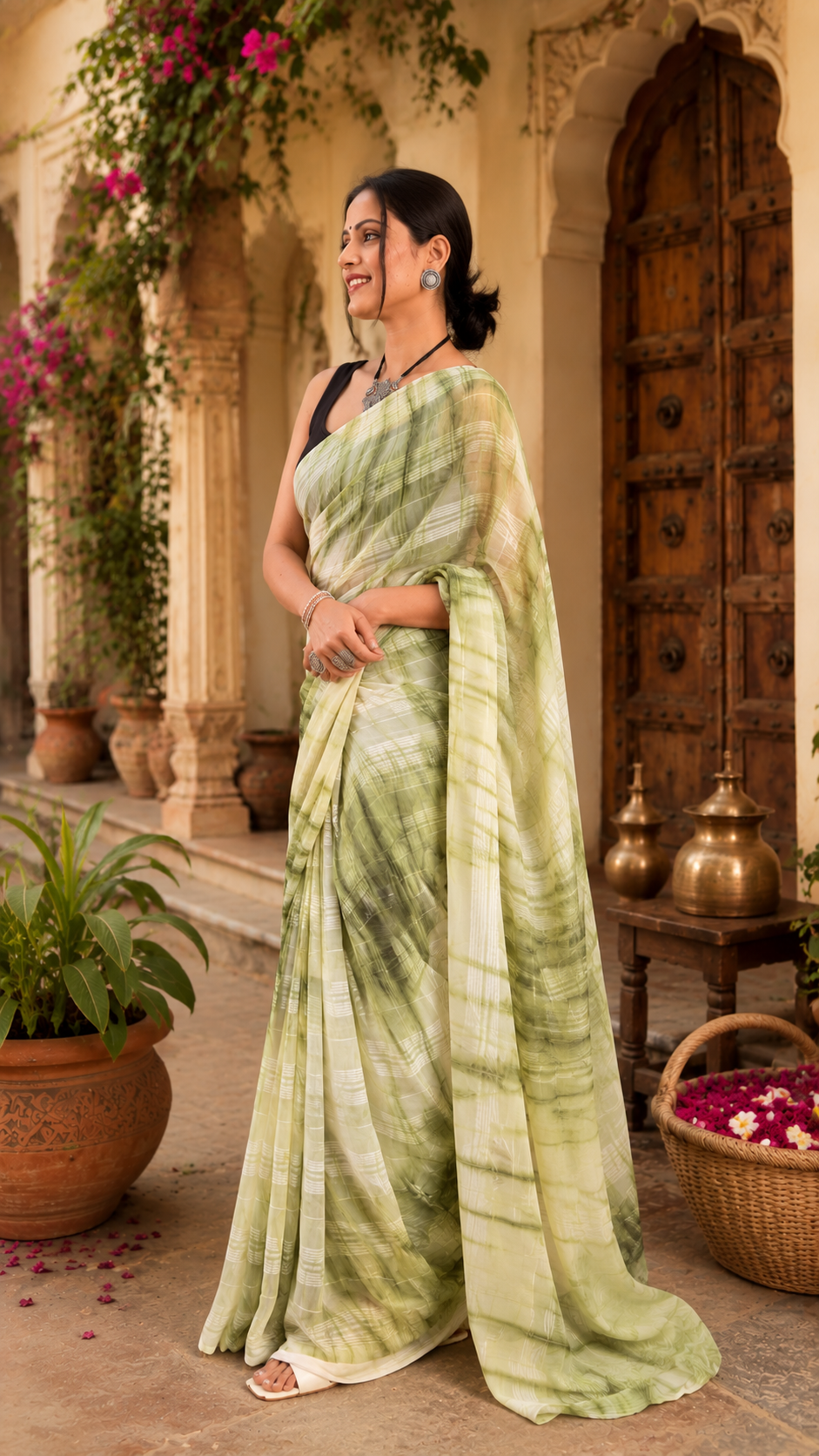 Elegant Georgette Printed Ready To Wear Saree With Unstitched Blouse(Grey)