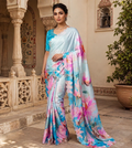 Pure Maheshwari Silk Diamond Cut Work With Unstitched Blouse(Sky)
