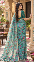 Georgette Digital Print Saree With Unstitched Blouse(Green)