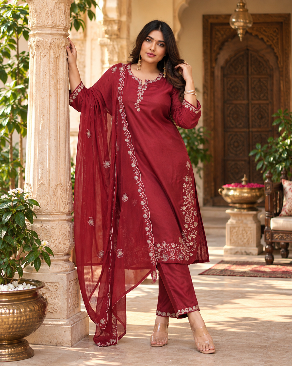 Pure Viscouse Kurti Palazzo With Dupatta Set(Red)