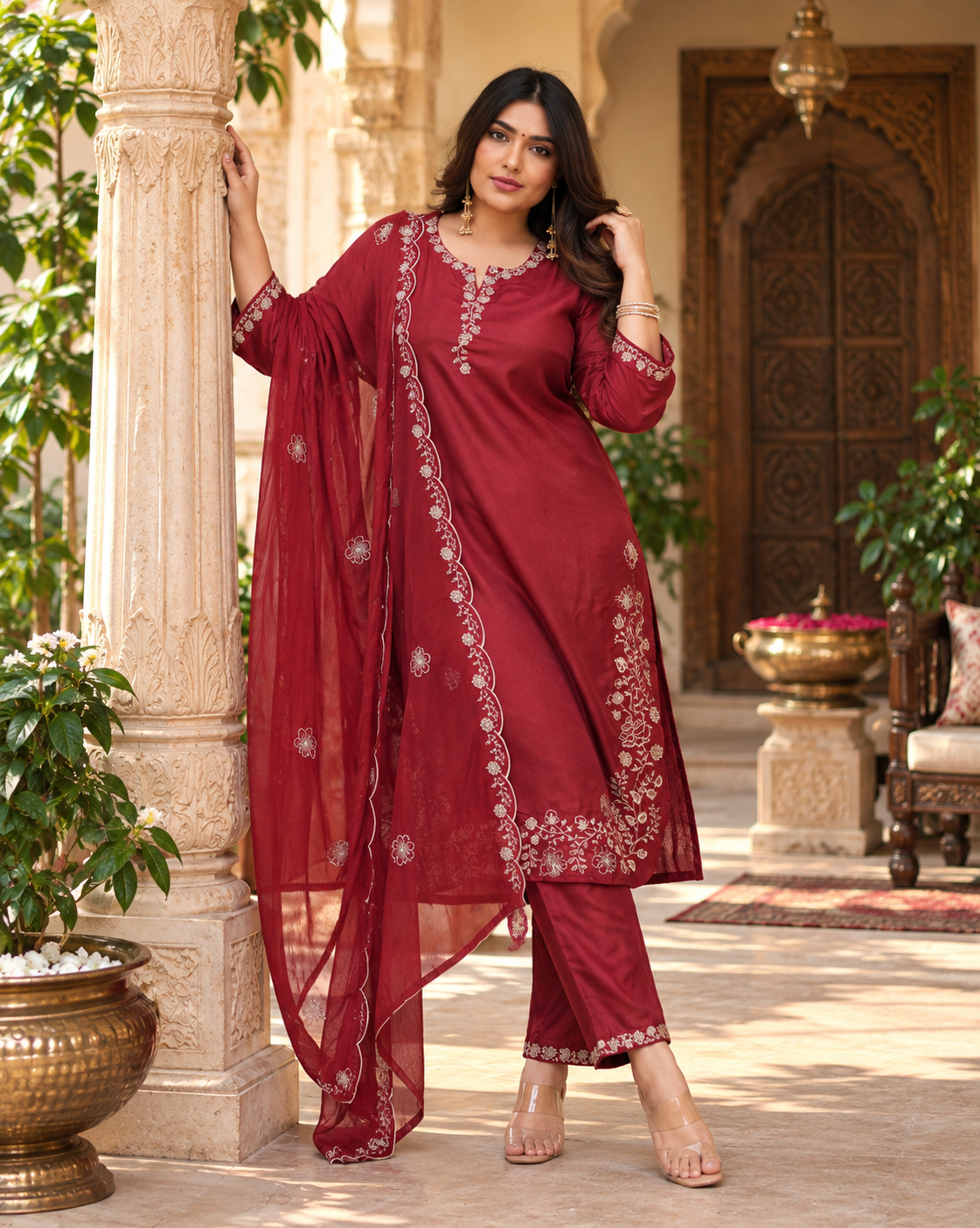 Pure Viscouse Kurti Palazzo With Dupatta Set(Red)