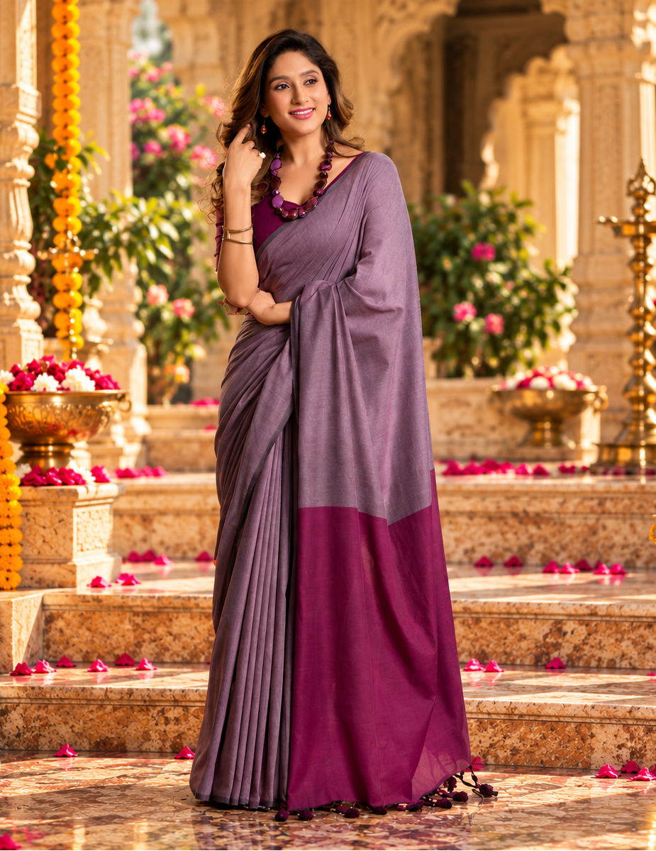 Mulmul Cotton Saree With Unstitched Blouse(Lavender)