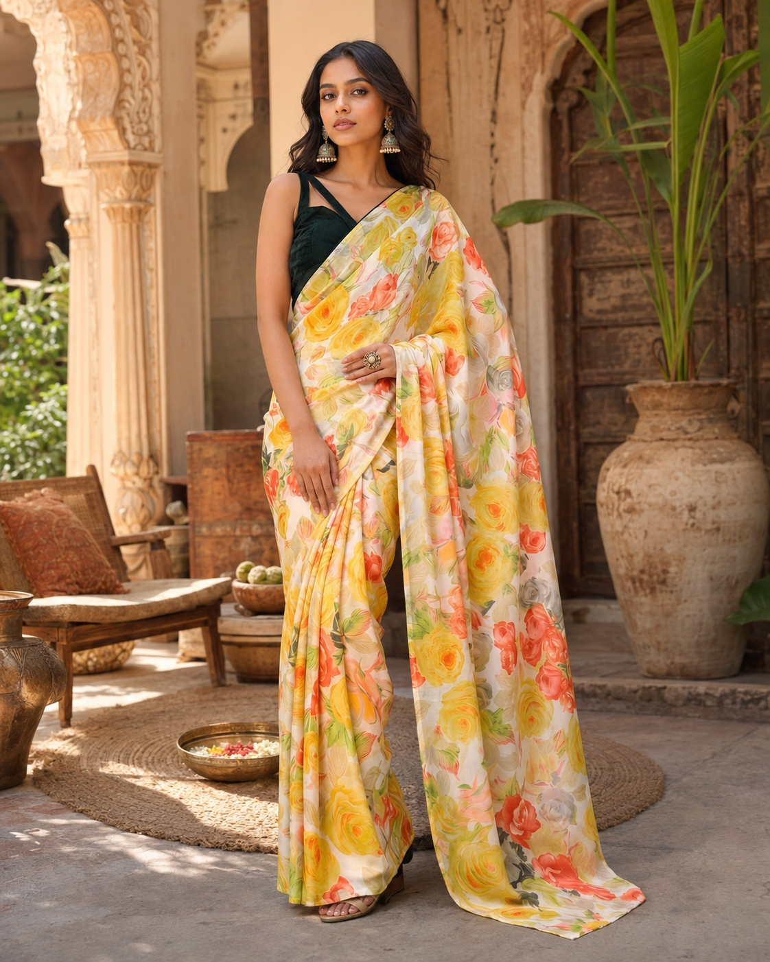 Satin Silk Floral Printed Saree With Unstitched Blouse(Yellow)