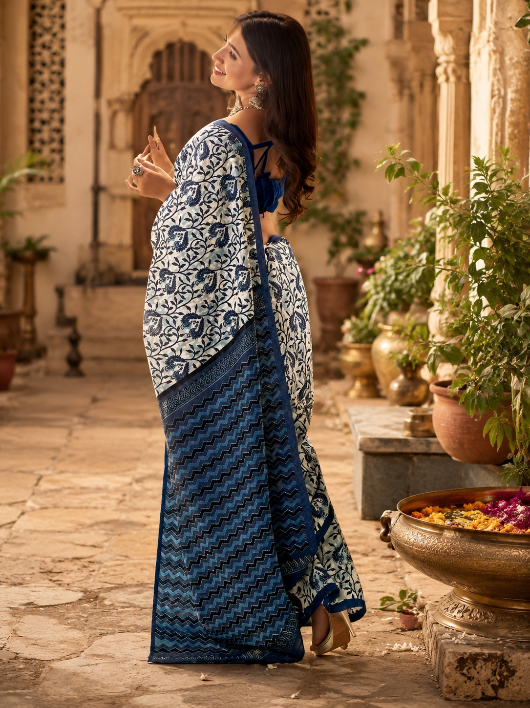 Cotton Printed Saree With Unstitched Blouse(Blue)