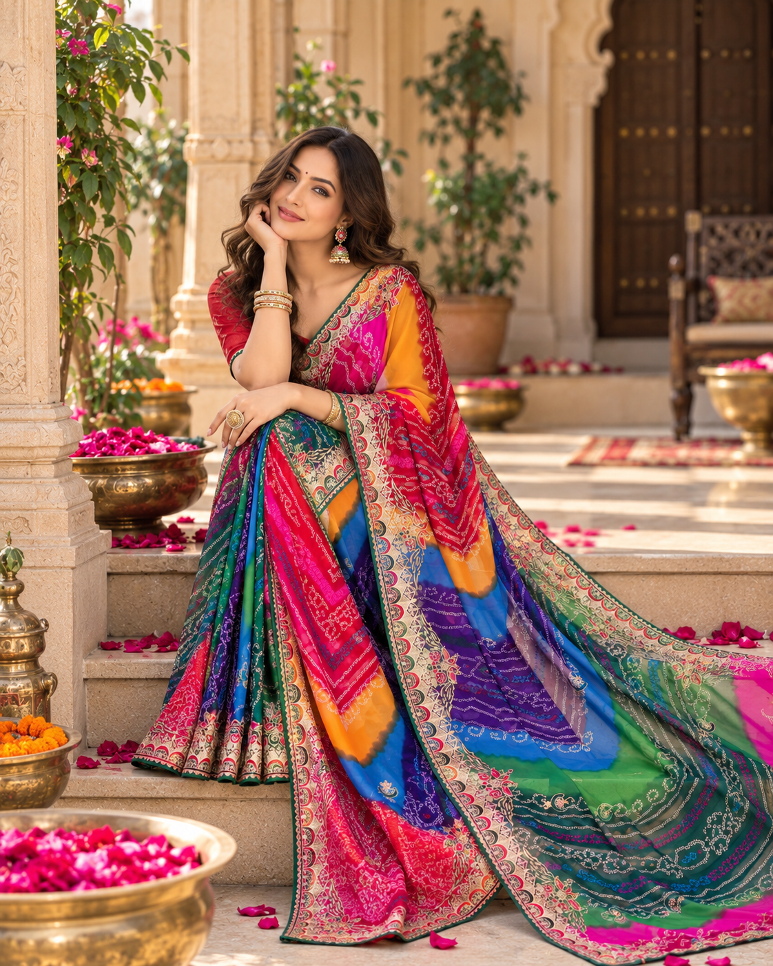 Pure Bandhani Bhej Print Gotta Patti Work Silk Saree With Unstitched Blouse(Multicolor)