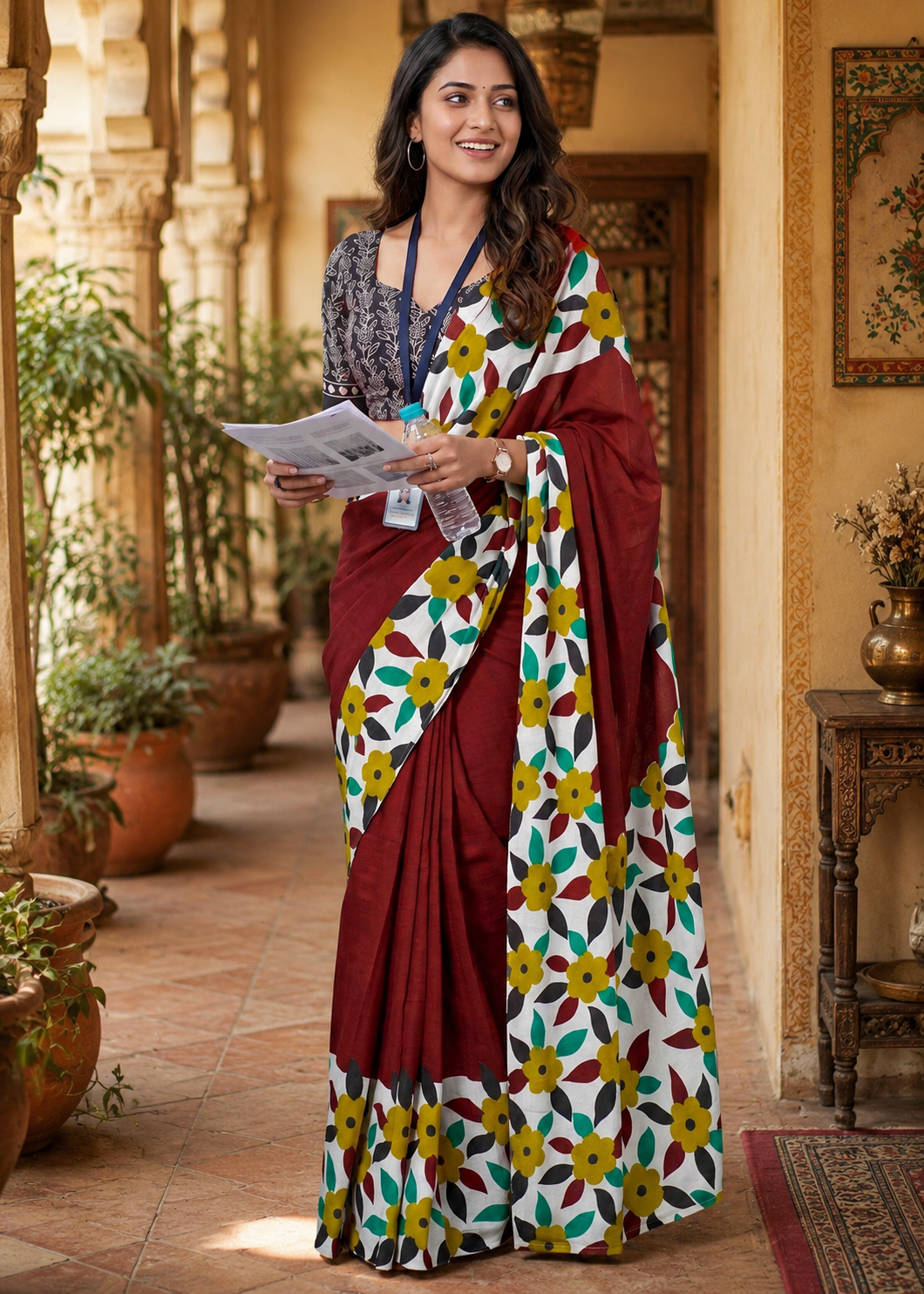 Soft Mulmul Cotton Block Printed Saree With unstitched Blouse(Red)
