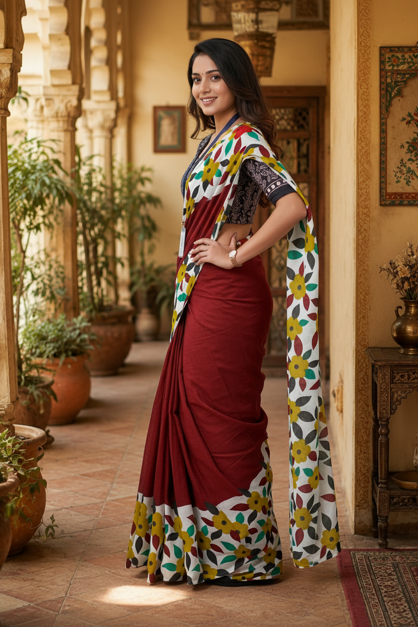 Soft Mulmul Cotton Block Printed Saree With unstitched Blouse(Red)