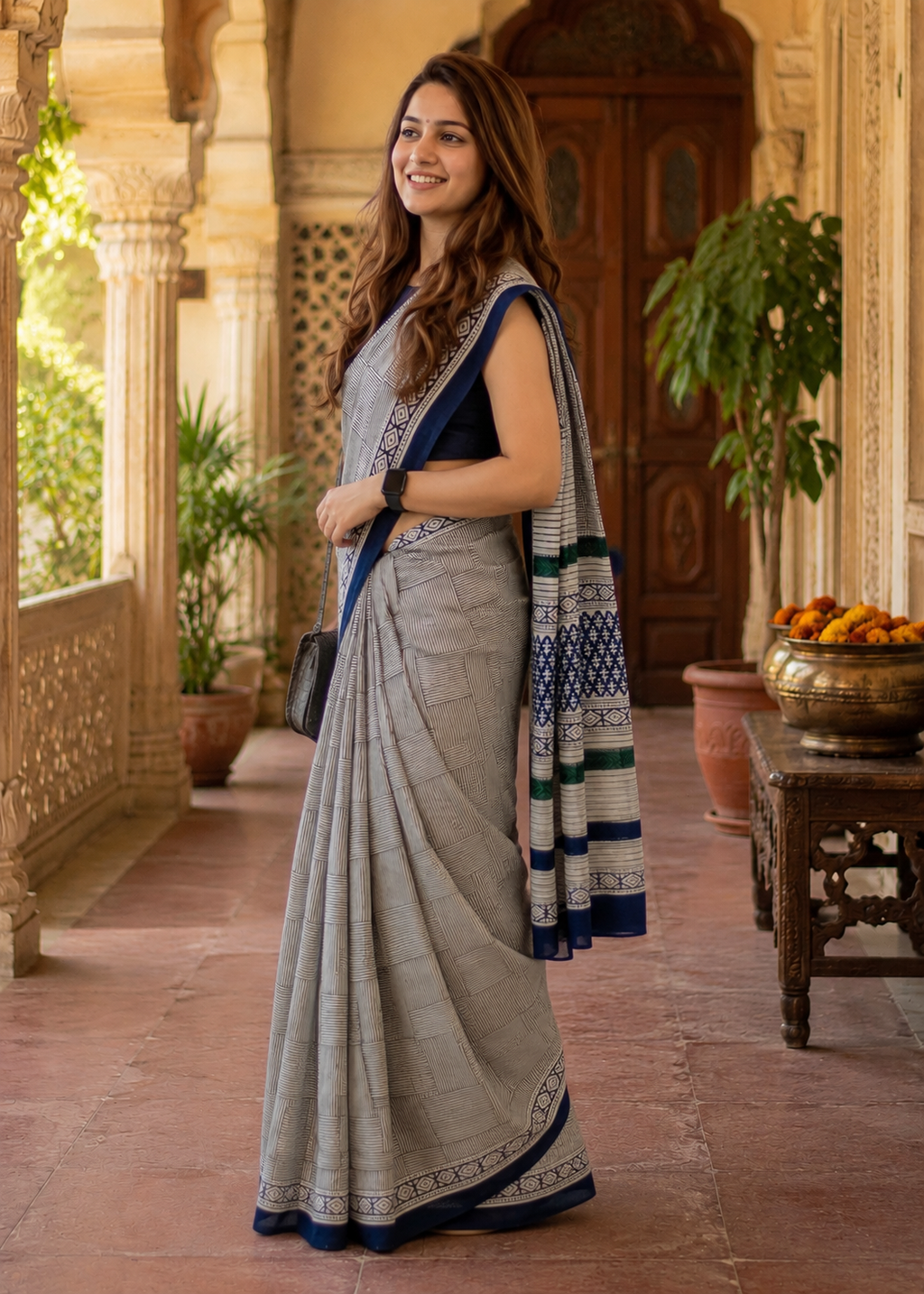 Mulmul Cotton Block Printed Saree With Unstitched Blouse(Navy Blue)