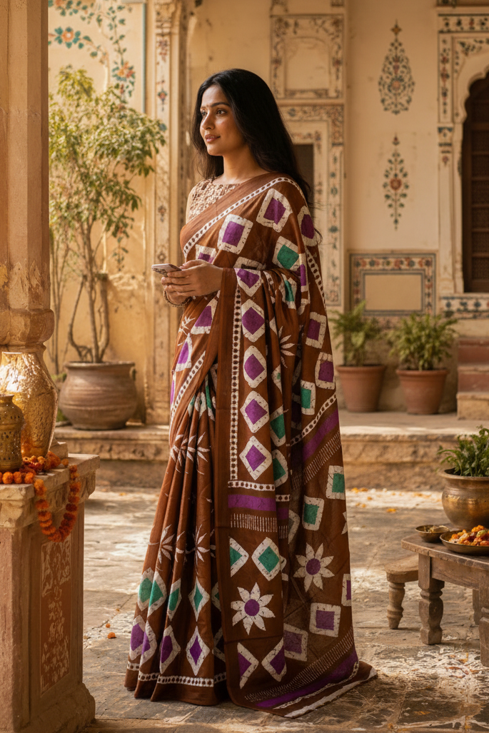 Soft Mulmul Cotton Batik Block Printed Saree with Unstitched Blouse(Brown)