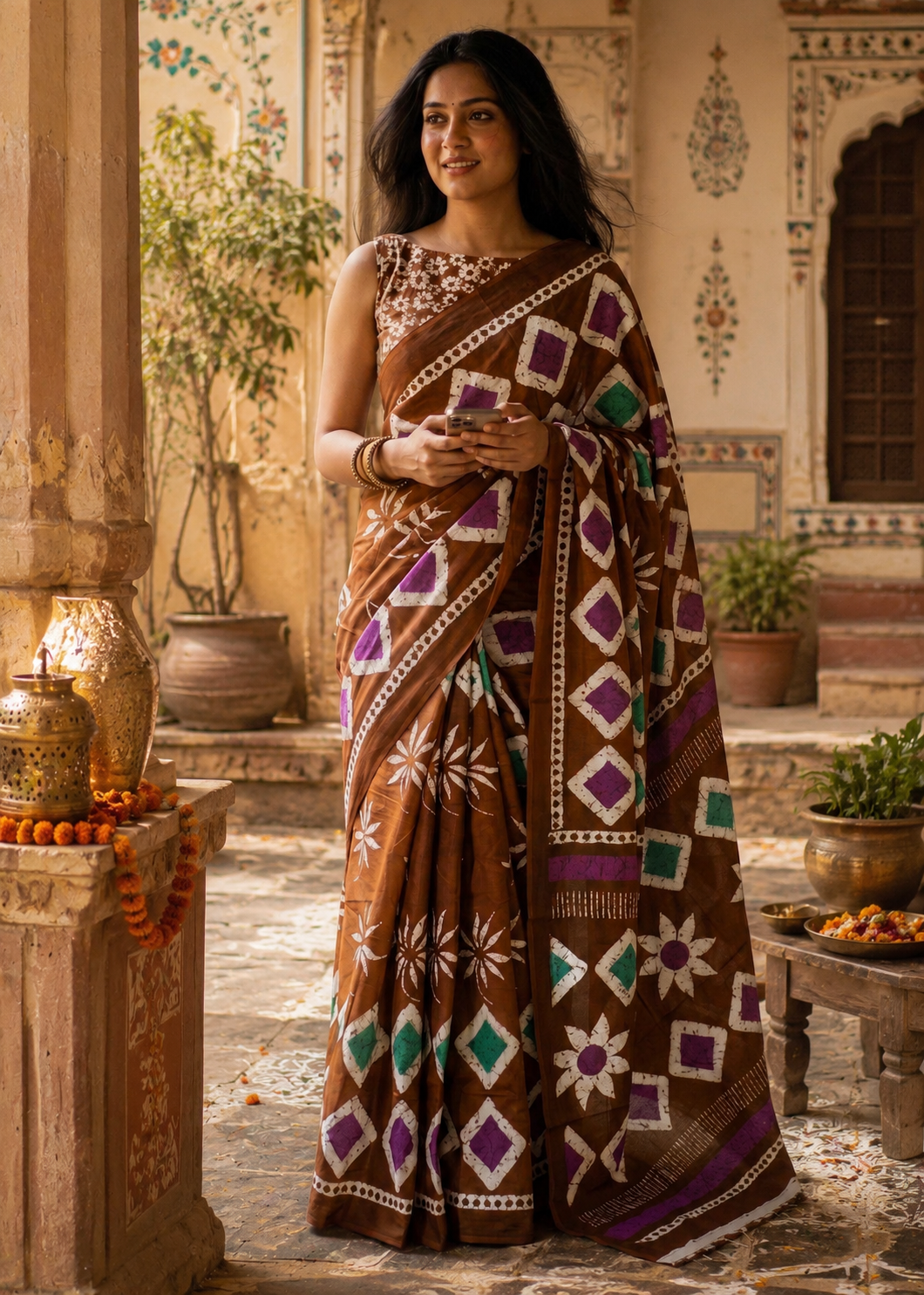 Soft Mulmul Cotton Batik Block Printed Saree with Unstitched Blouse(Brown)