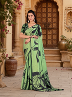 Soft Georgette Satin Printed Saree With Unstitched Blouse(Green)