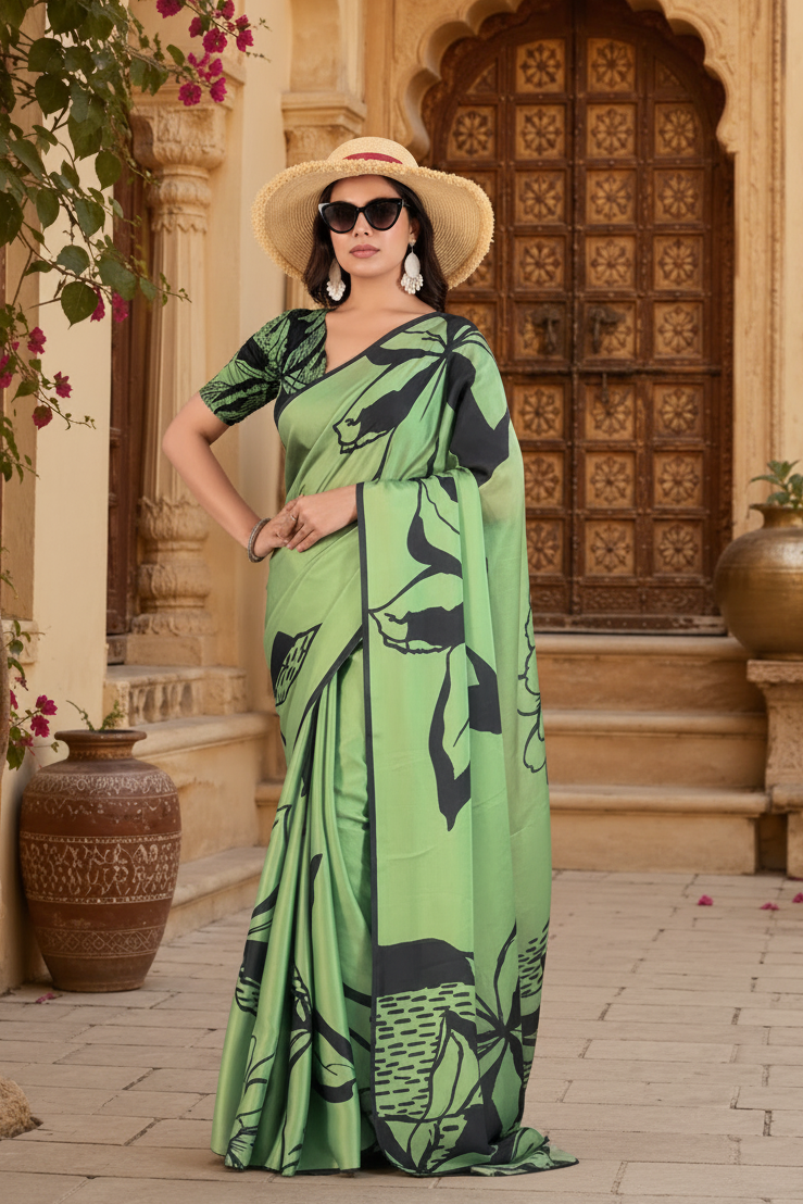 Soft Georgette Satin Printed Saree With Unstitched Blouse(Green)
