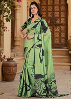 Soft Georgette Satin Printed Saree With Unstitched Blouse(Green)