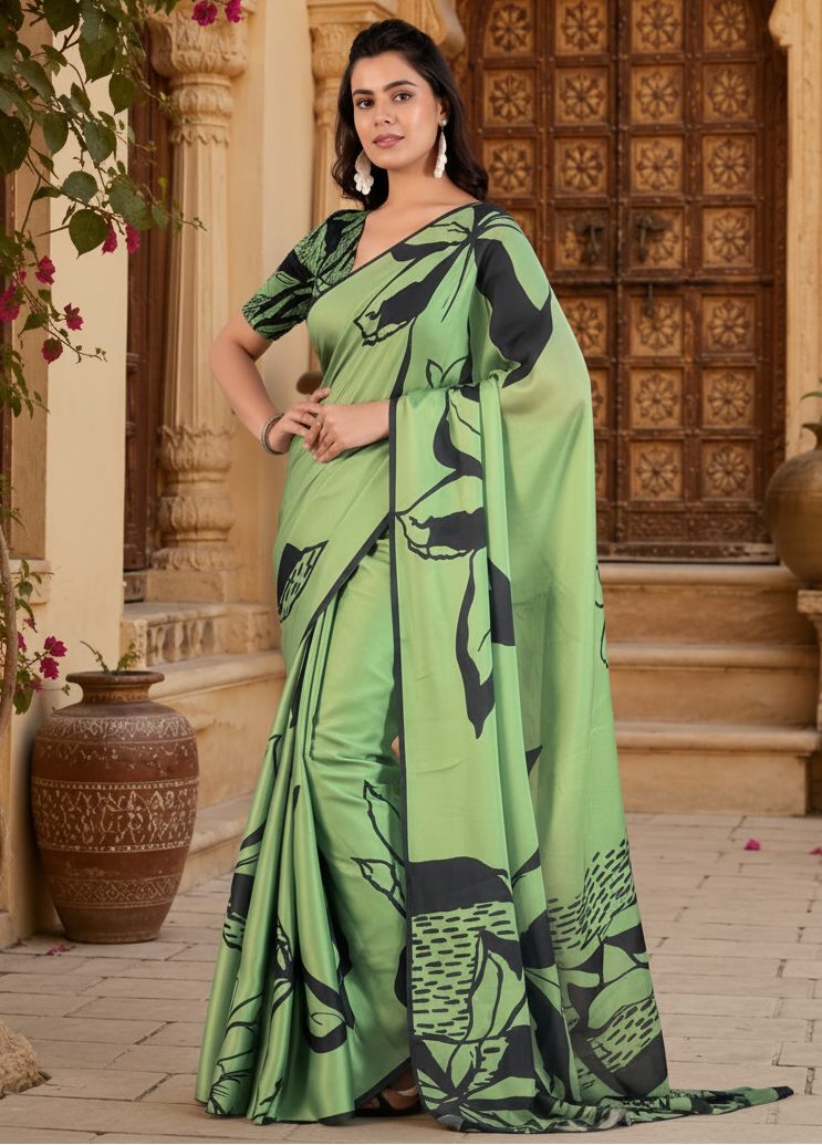 Soft Georgette Satin Printed Saree With Unstitched Blouse(Green)