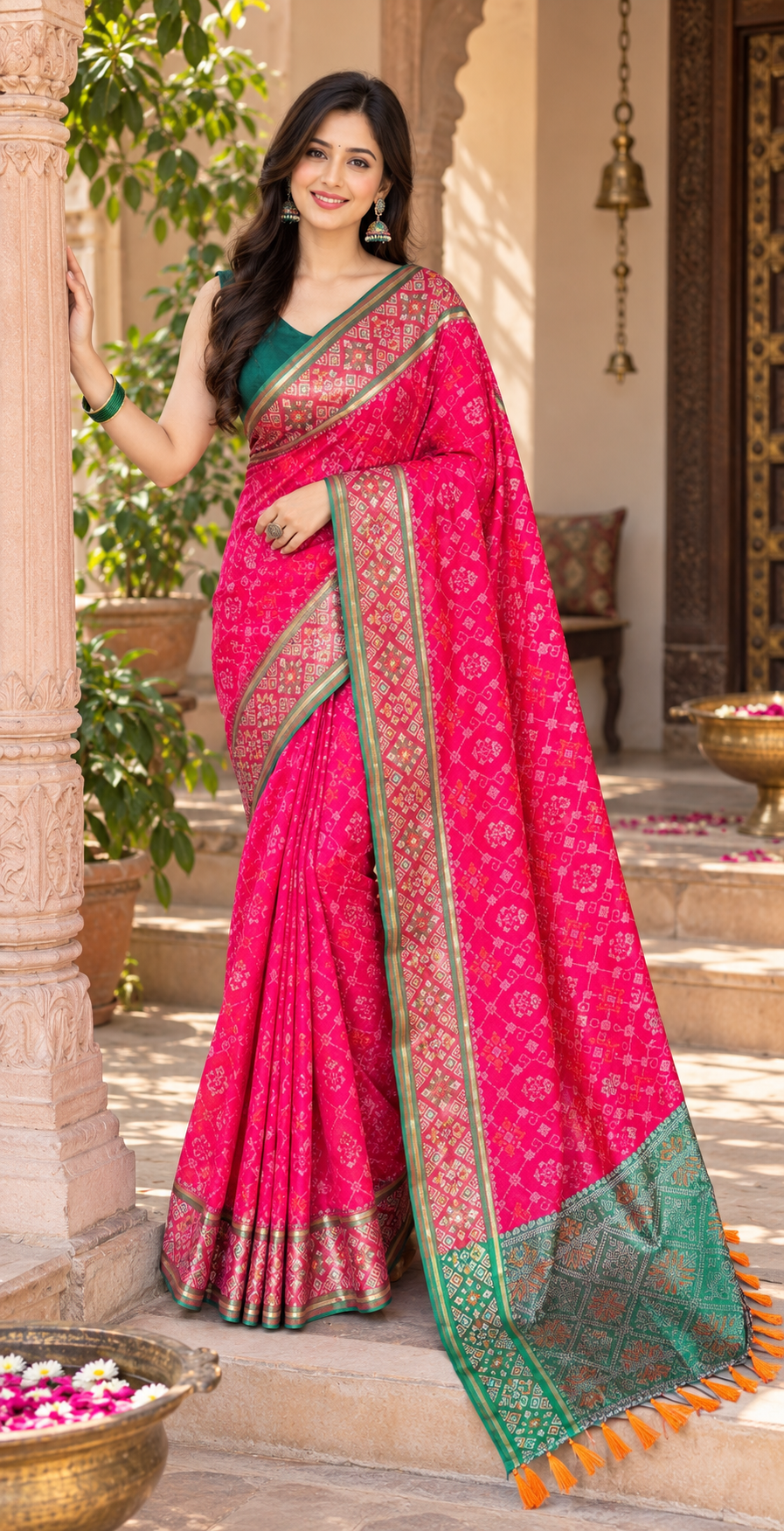 Premium Soft Silk Rangeen Patola Meenakari Saree With Unstitched Blouse (Pink)