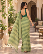 Cotton Digital Printed Saree With Unstitched Blouse(Green)