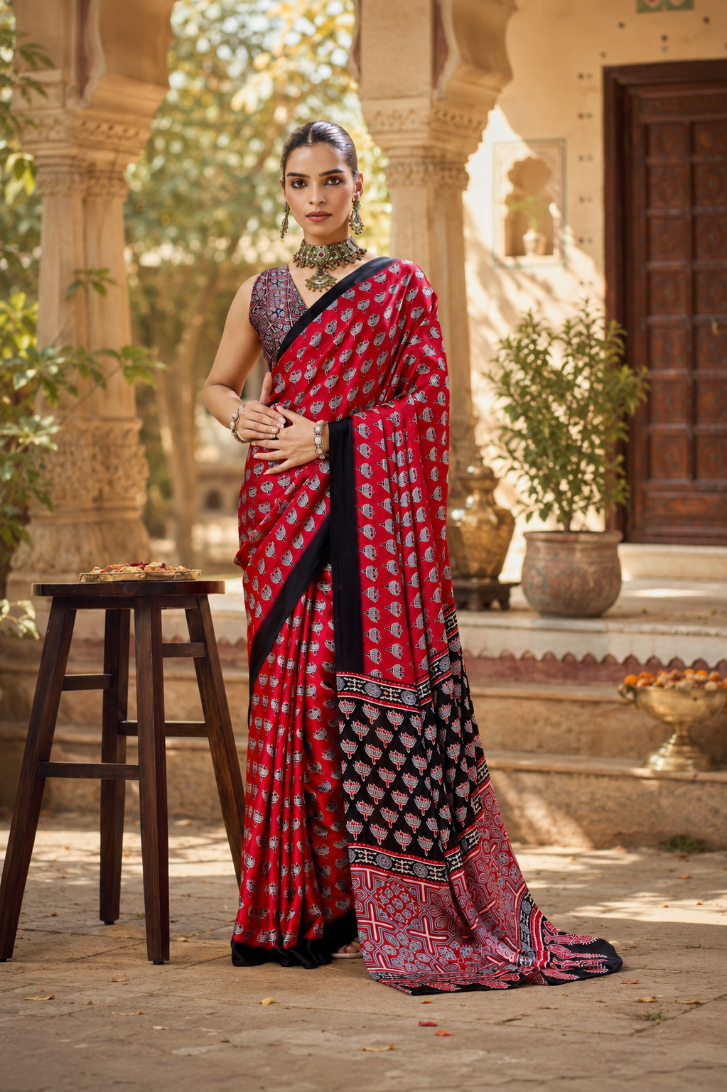 Satin Ajrakh Printed Saree With Unstitched Blouse(Red)