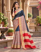 Tussar Silk Kalamkari Print Saree With Unstitched Blouse(Black)