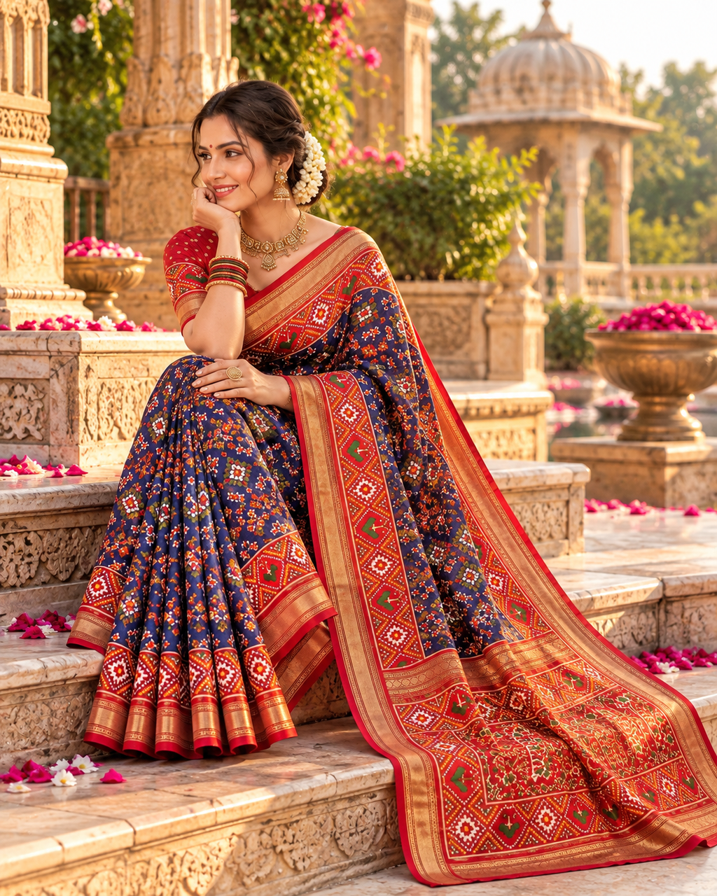 Premium Ashika Handloom Silk Patola Lagadi Patta Zari border Tassels Saree (Blue)