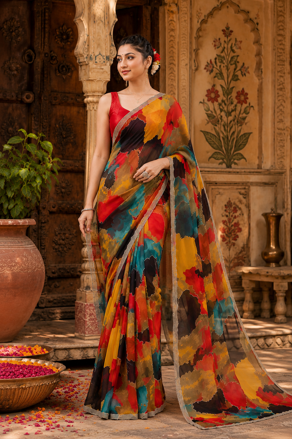 Trendy Multi-Color Abstract Print Georgette Saree with Designer Scalloped Siroshki Border & Unstitched Blouse Piece