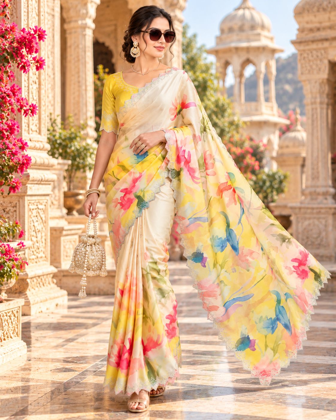 Pure Maheshwari Silk Saree With Unstitched Blouse(Yellow)