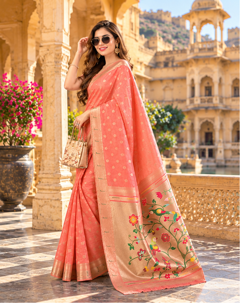 Premium Paithani Silk Butti Jari Work Saree With Unstitched Blouse (Brink Pink)