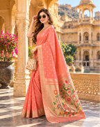 Premium Paithani Silk Butti Jari Work Saree With Unstitched Blouse (Brink Pink)