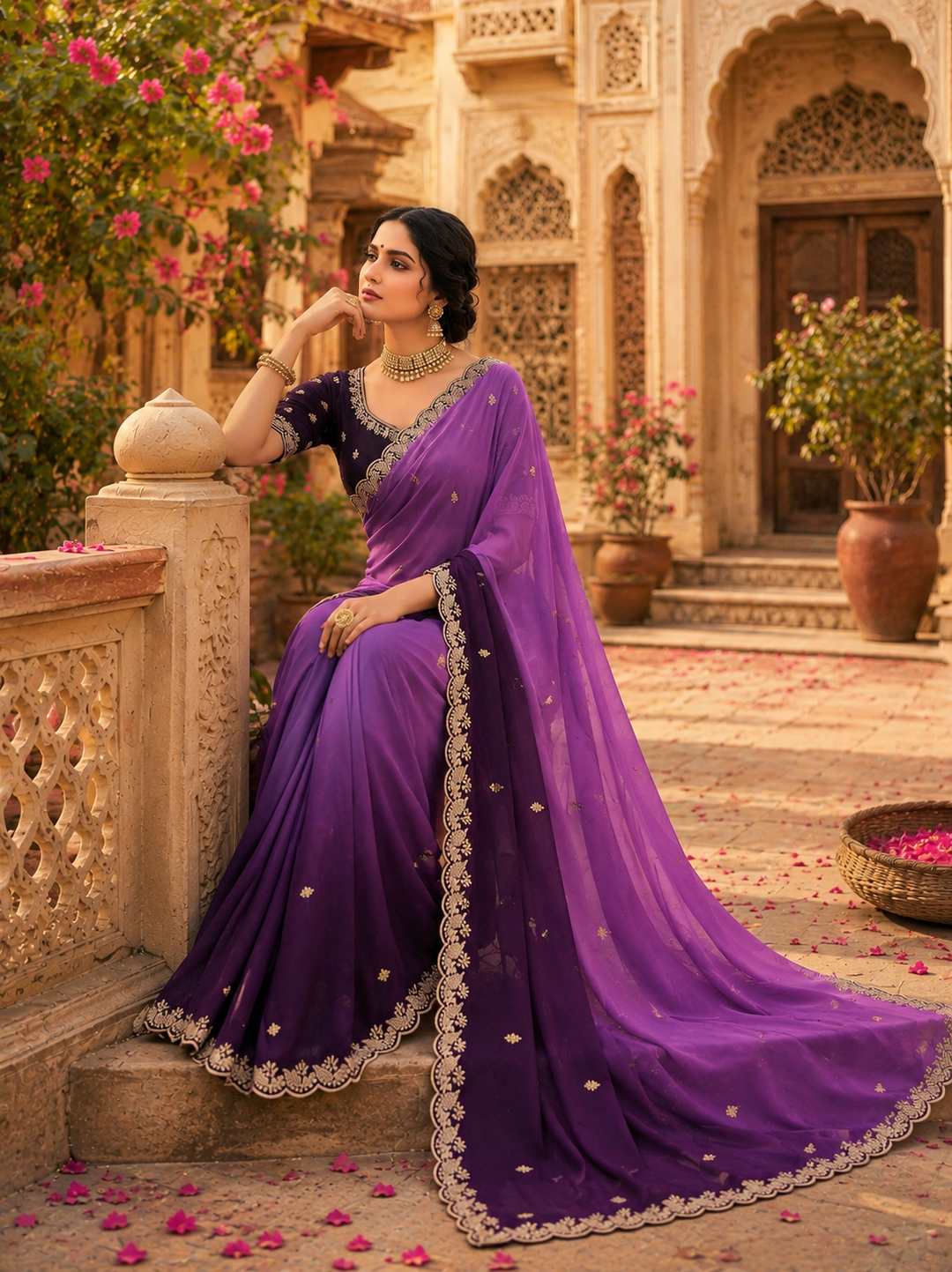 Georgette Border Work Saree With Unstitched Blouse(Lavender)