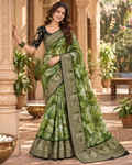 Chiffon Silk Printed Saree With Unstitched Blouse(Green)