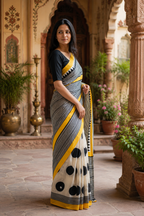 Satin Silk Printed Saree With Unstitched Blouse(White)