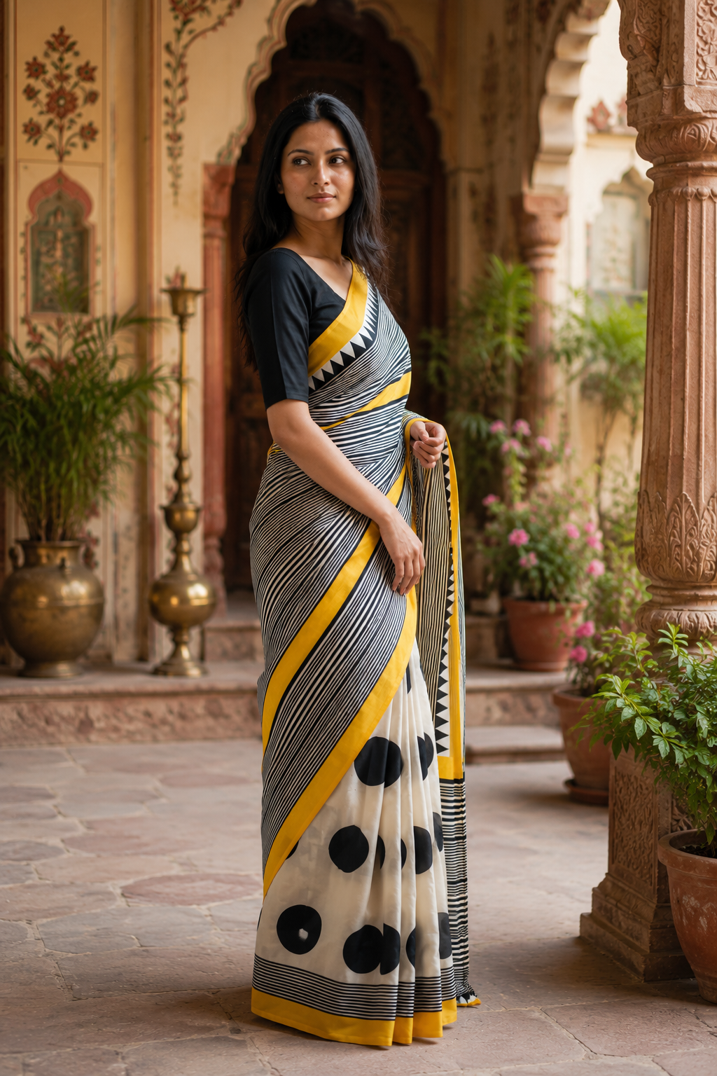 Satin Silk Printed Saree With Unstitched Blouse(White)