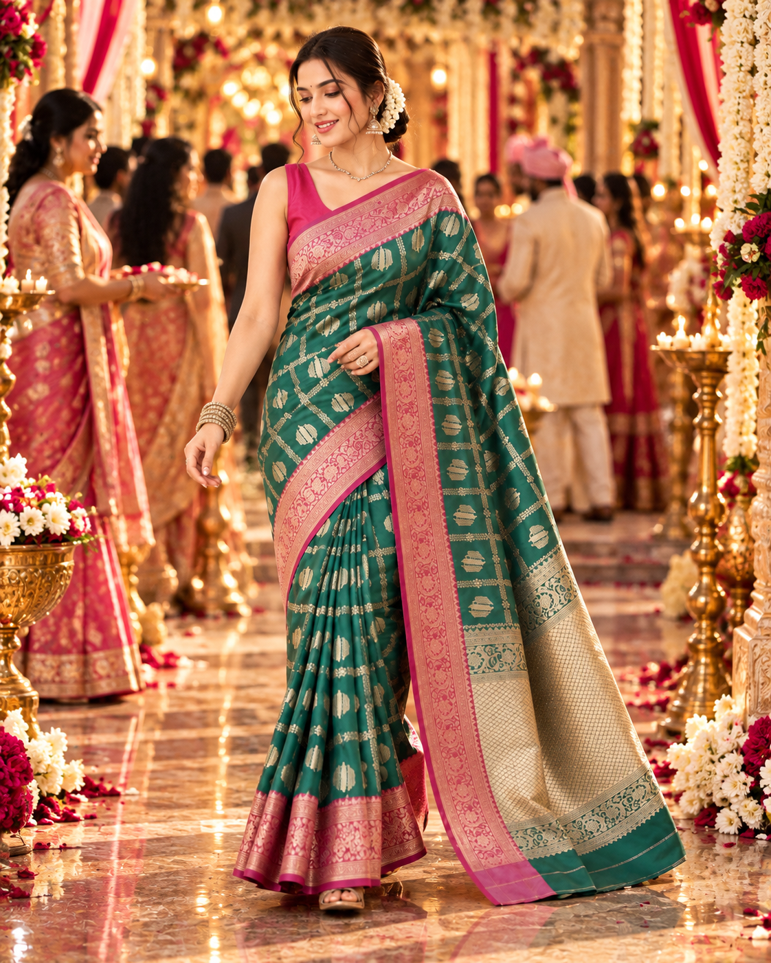 Banarasi Silk Saree Golder Zari Border With Unstitched Blouse(Green)