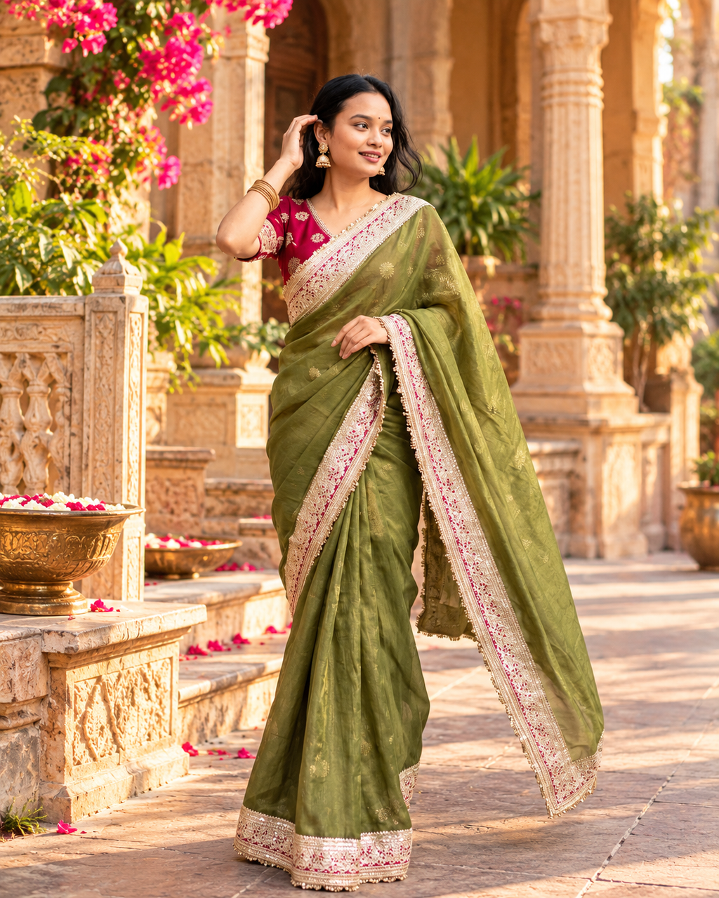 Pure Mocha Silk Sequin Work Saree With Unstitched Blouse(Green)